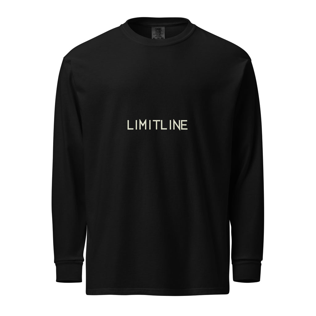 Front view of a black heavyweight long-sleeve shirt with a light LimitLine wordmark.