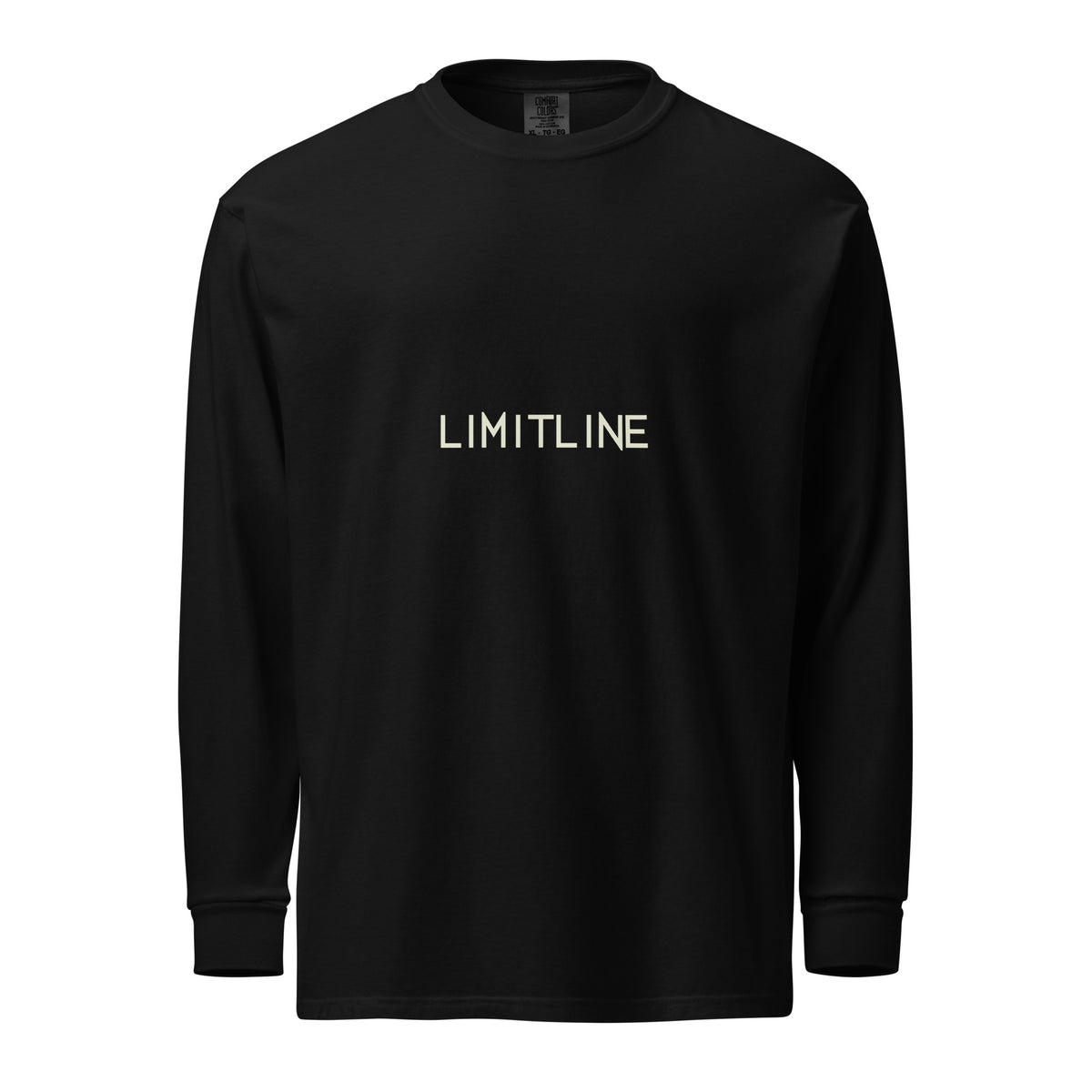 Front view of a black heavyweight long-sleeve shirt with a light LimitLine wordmark.