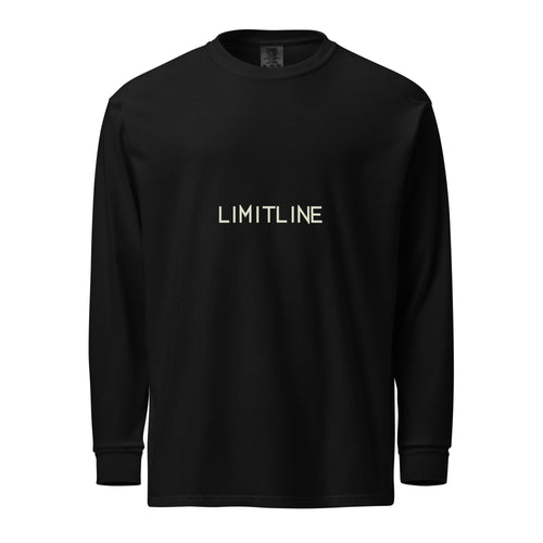Front view of a black heavyweight long-sleeve shirt with a light LimitLine wordmark.
