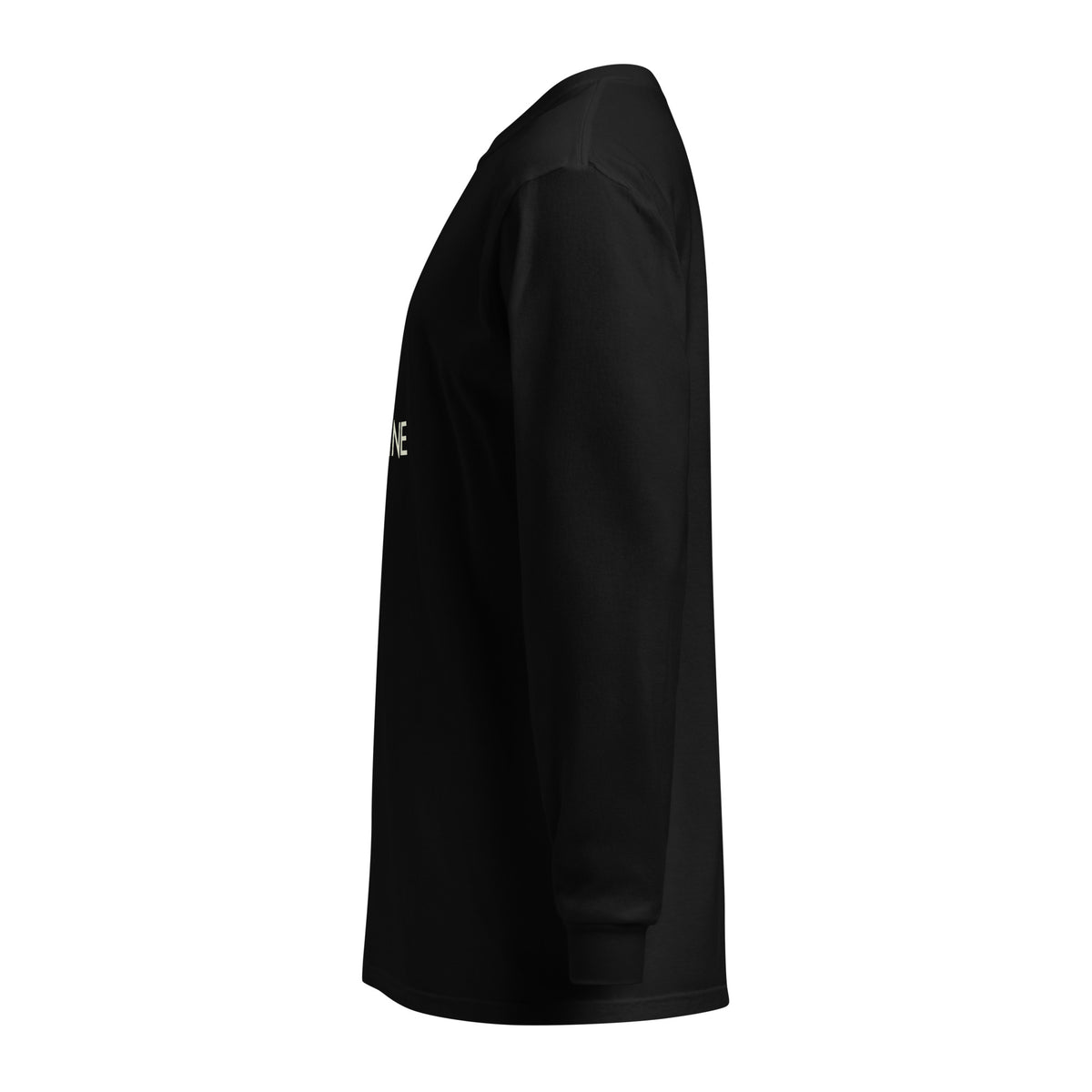 Left-side view of the black heavyweight long-sleeve shirt.