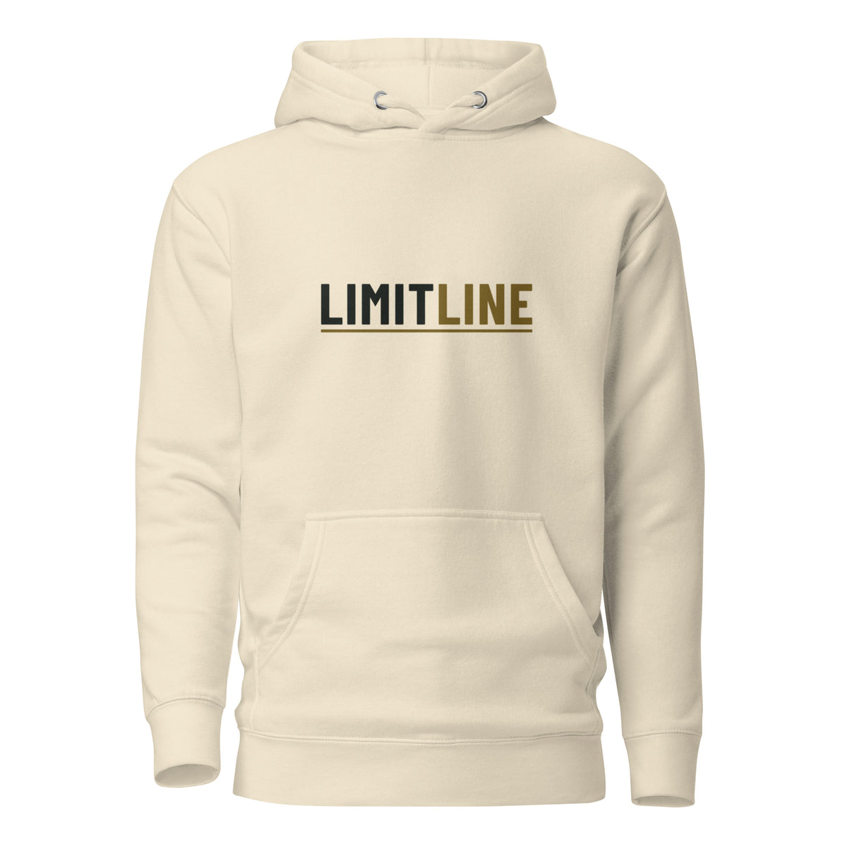 Bone premium pullover hoodie with a dark LimitLine wordmark printed across the chest.